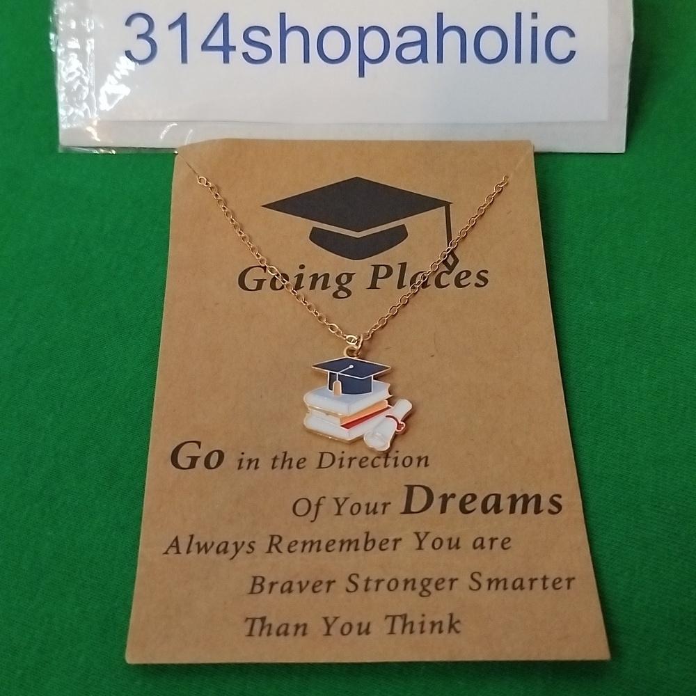 Gold Graduation Necklace With Cap And Books Charm